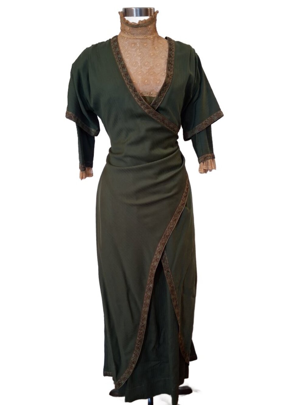 Authentic 1900s Edwardian Green Dress w' Lace & Overlayer w' Rosette Belt XS